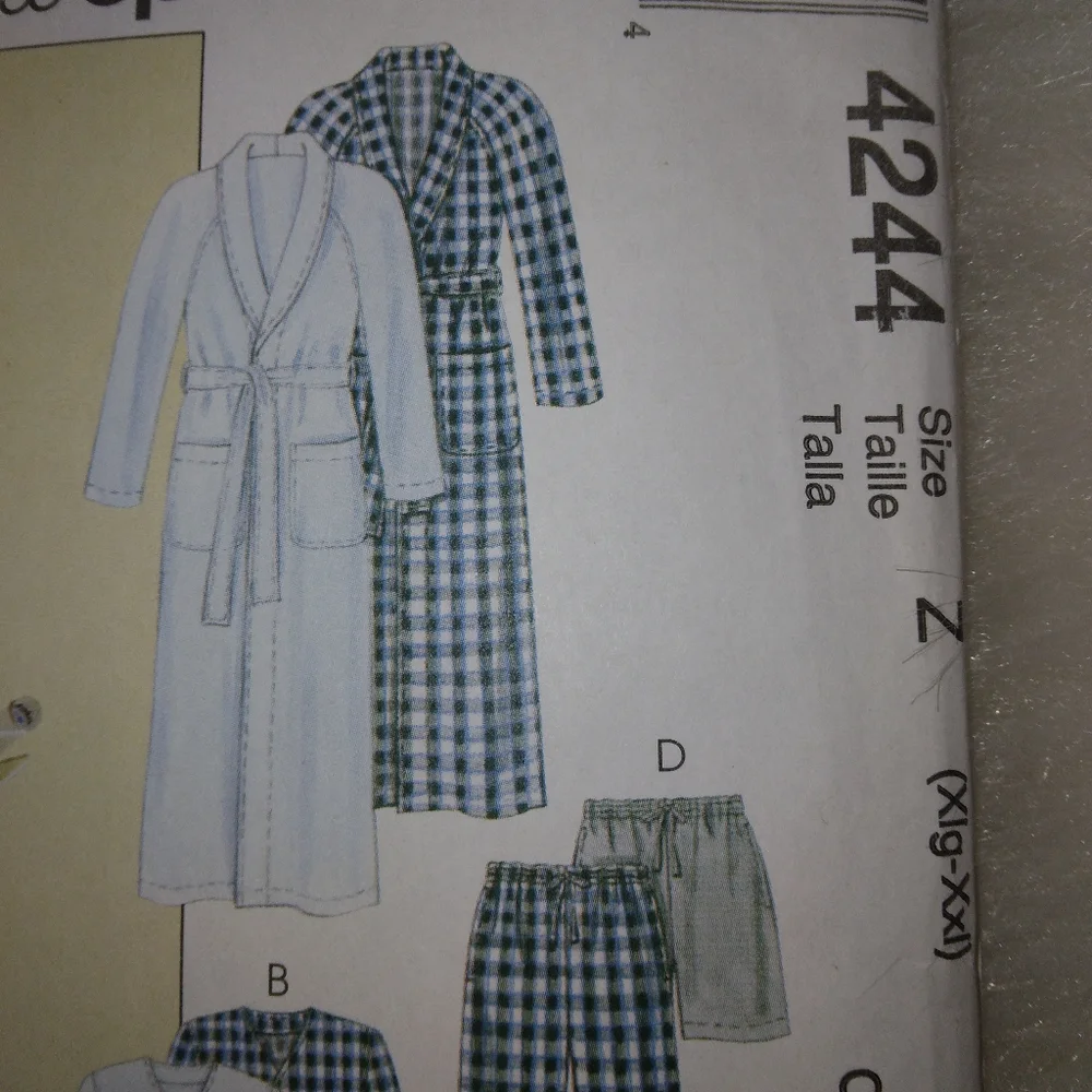 McCall's 4244 Men's robe belt top pants shorts Size XL-XXL